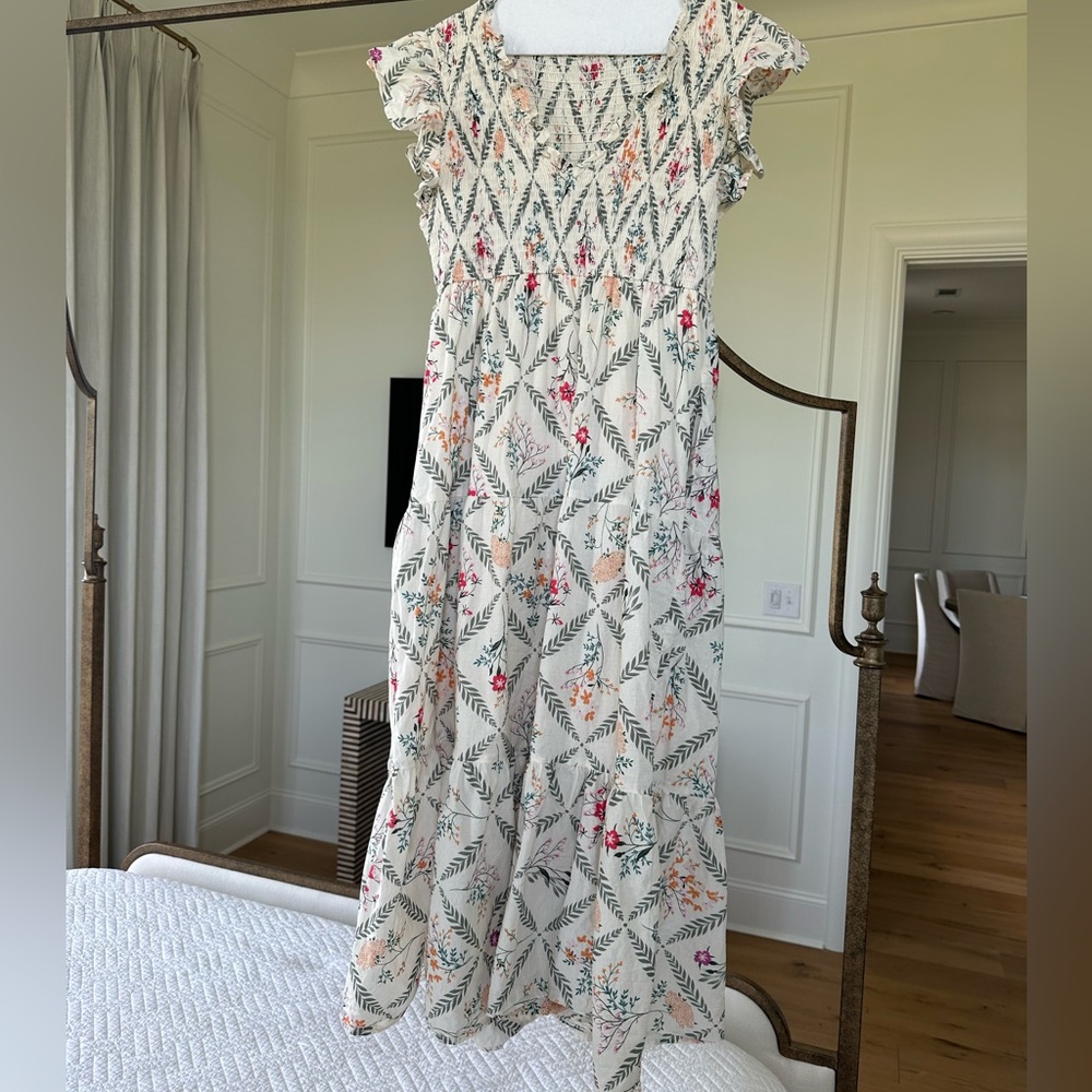 Karlie Cream Floral Mini Dress with Green Leaf Print
